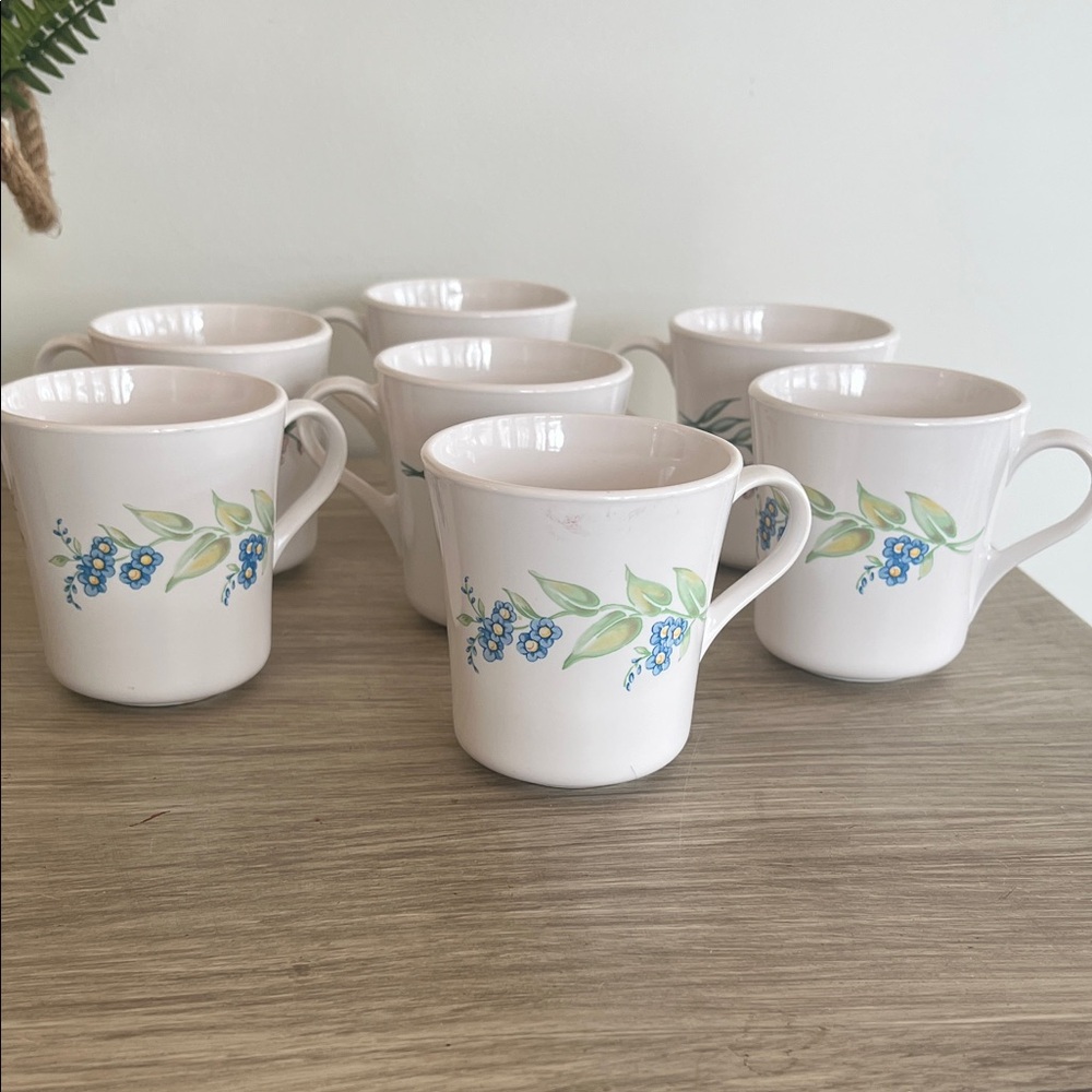 Set of 7 Corning FOR CORELL Floral Ceramic Mug Set - MY GARDEN PATTERN. 2 sides!